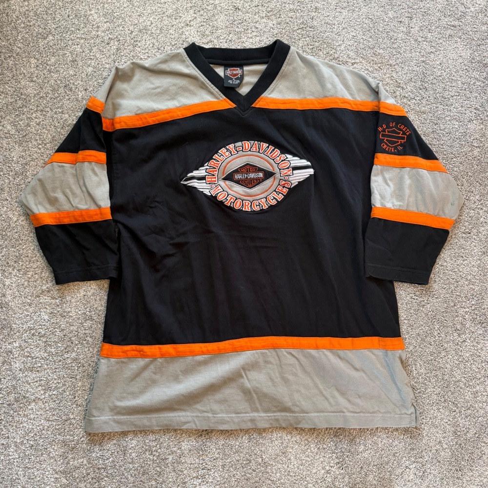 Harley-Davidson Crete IL Colorblock Embroidered Jersey Shirt Black Orange XL